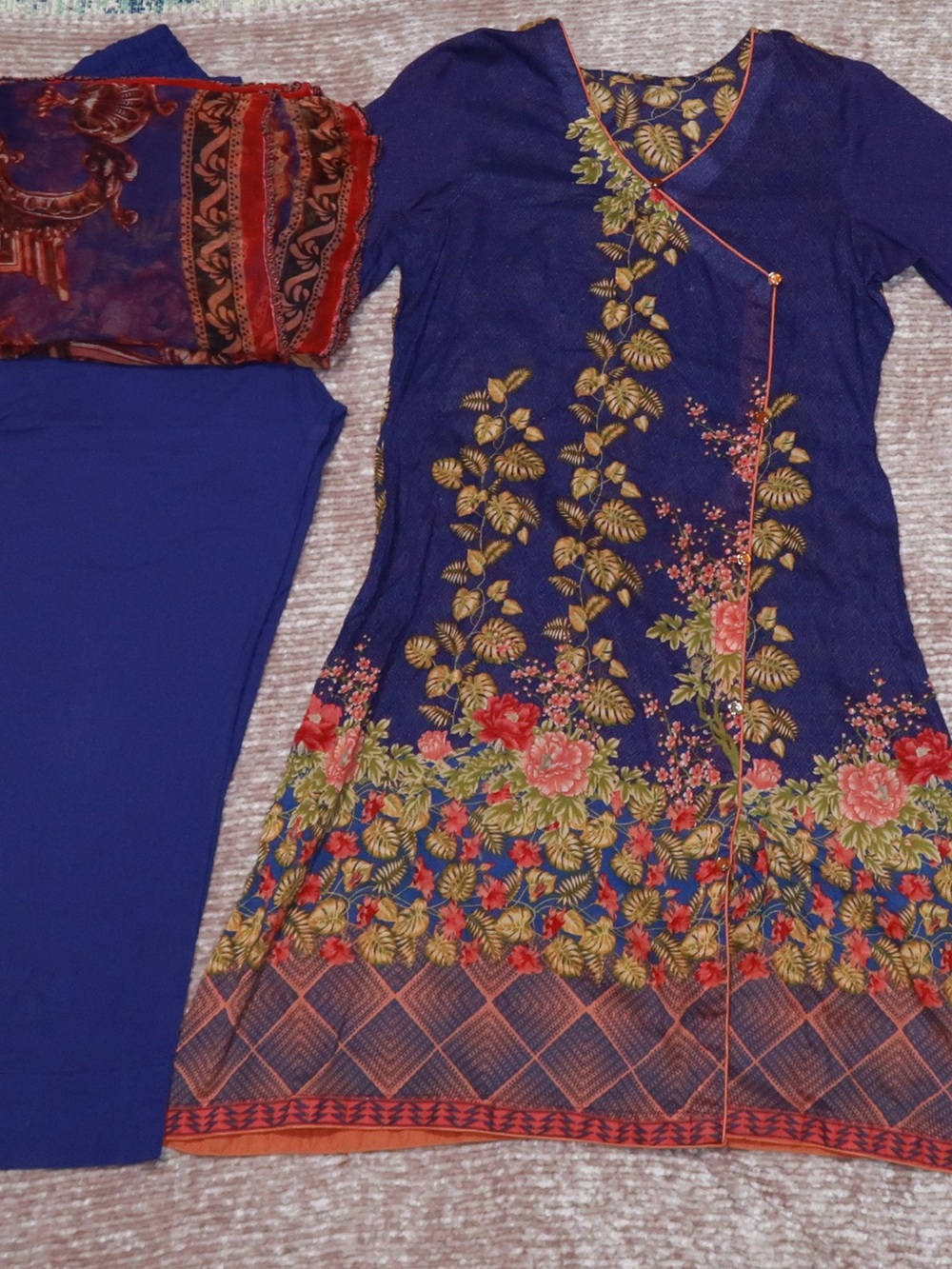 Women's Navy Floral Salwar Kameez with Red & Green Accents